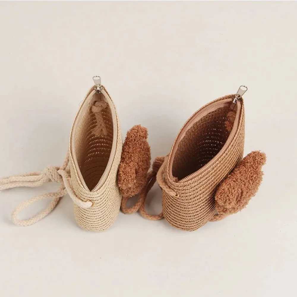 Cute childrens shoulder bag summer grass woven handmade bag mini girl coin wallet cartoon bear toddler cross bag W240906