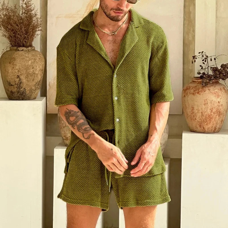 Beach Style Breathable Knitted Mens Set Summer Casual Pure Color Short Sleeve Knit Shirt And Shorts Two Piece Suits Men Outfits 240813
