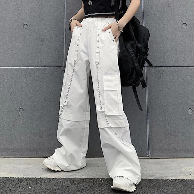 Women Trendy Vintage Casual Streetwear Pocket Cargo Pants Y2K Female High Waist White Hip Hop Loose Trousers Straight Pantalones 240814