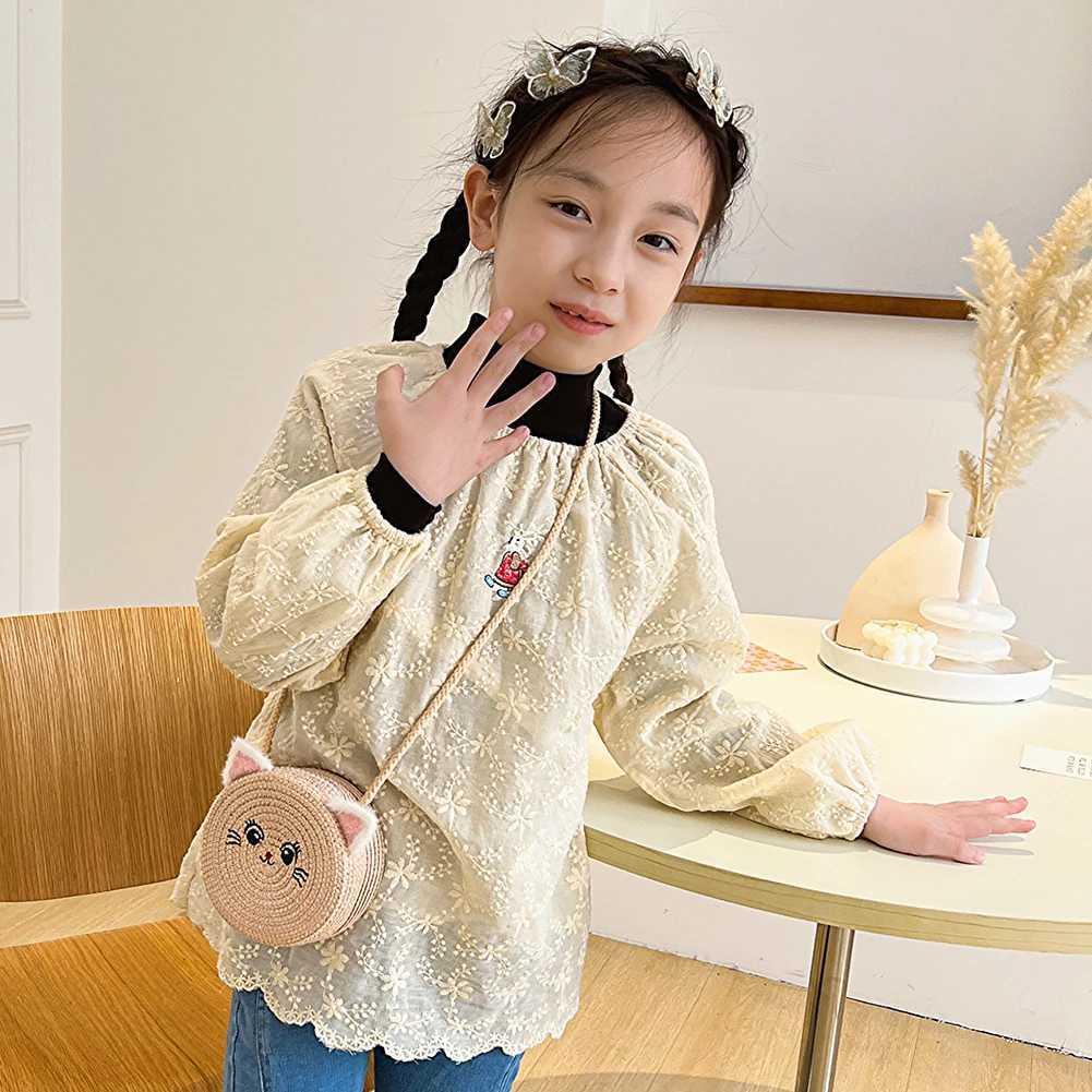 Cute cat handmade woven handbag girls small round straw bag mini cross body bag woven small wallet childrens shoulder bag W240813