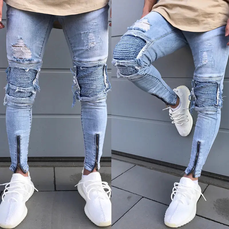 Mens Ripped Skinny Biker Jeans Destroyed Frayed Slim Fit Denim Pants Trousers 240819
