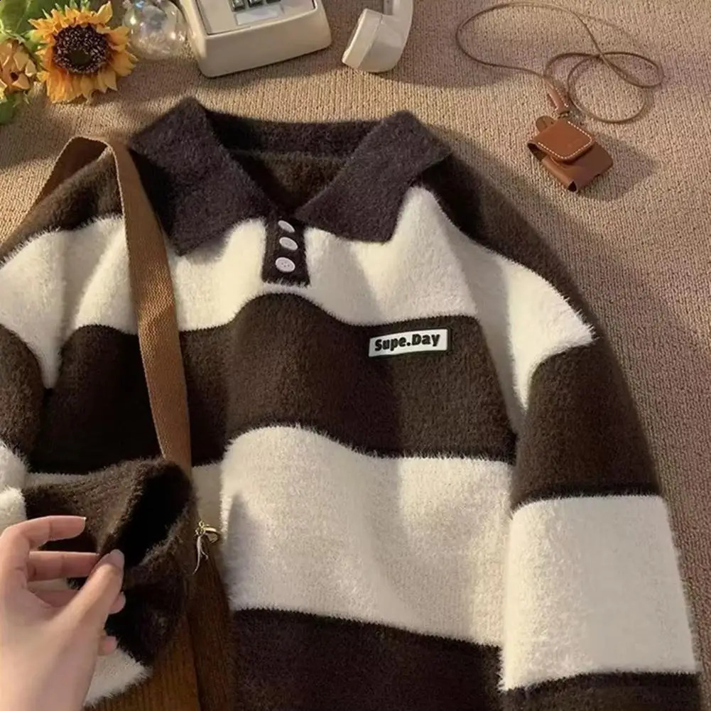 Mens sweater collar n winter warm knit top loose fit striped print lazy style for couples autumn knit pull-out 240829