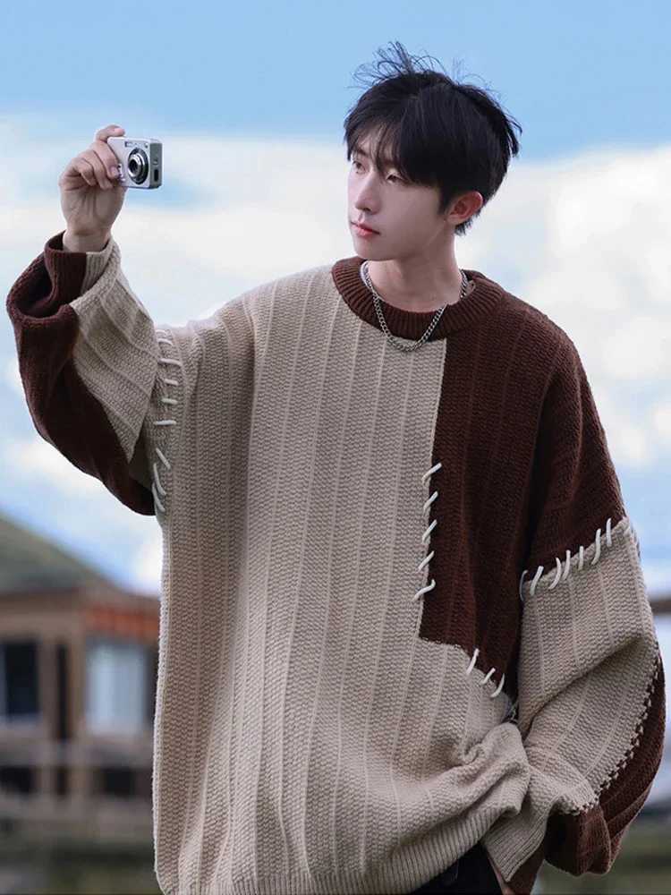 Knitted sweater mens Pullover oversized sweater mens winter Harajuku casual streetwear patch work autumn hip-hop splicingW240729