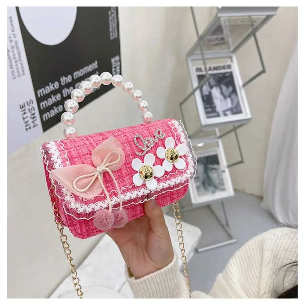 Cute flower pearl handbag childrens shoulder bag bow childrens square cross shaped bag baby girls wallet exchange handbag W240813
