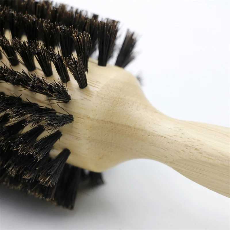 No. 6 Wooden Handle Pig Mane Round Brush Detachable Tail Professional Barber Salon Hairdressing Brush Round Comb W240813