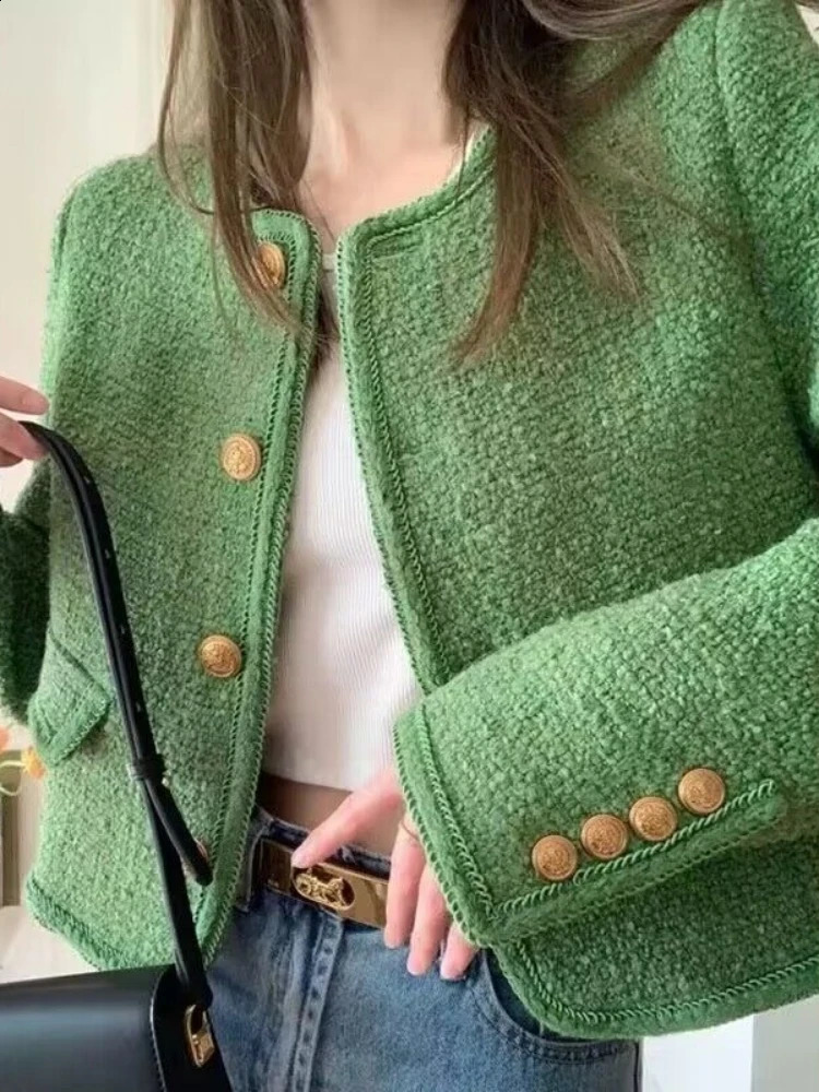 Autumn Korean fashion green tweed short sleeved jacket for womens chic long single chest woven top 240813