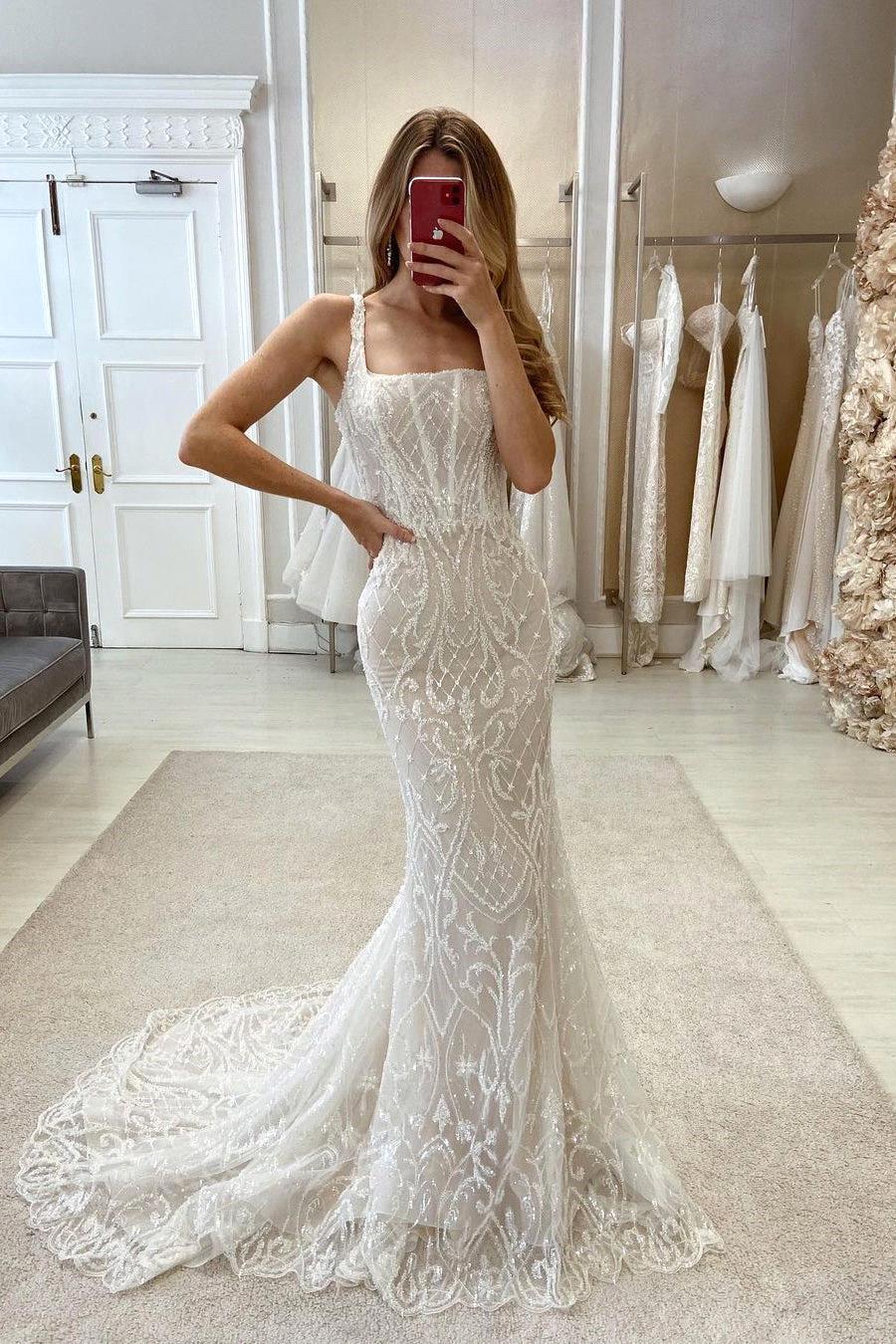 White Elegant Tulle Mermaid Wedding Spaghetti Sleeveless Sweep Train Beaded Beach Bridal Dresses Bc