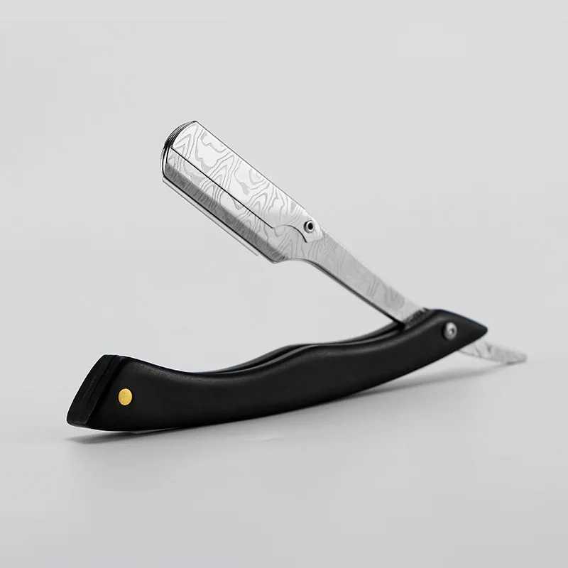 Barber Damascus Pattern Folding Razor Ebony Handle Manual Shaver Straight Edge Stainless Steel Razor Beard Cutter Holder G0104M240814