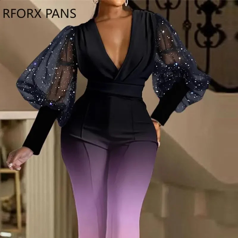 Women Elegant Contrast Mesh Lantern Sleeves Deep V Neck Straight Leg Jumpsuit 240813