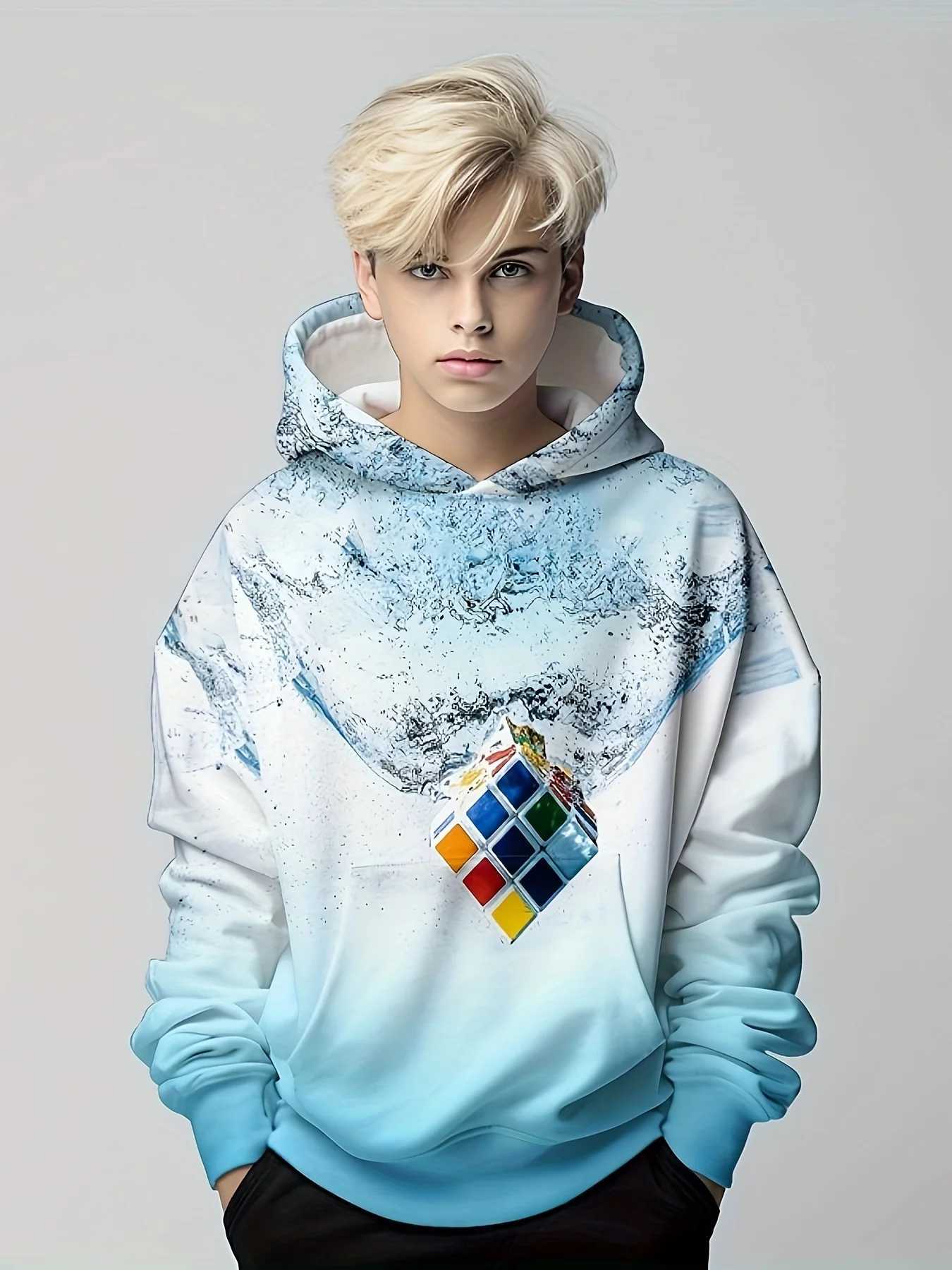 Colorful Jigsaw Cube Rubiks Cube 3d Print Boys Casual Pullover Long Sleeve Hoodies Boys Sweatshirt Spring Fall Kids Hoodie TopsY240814