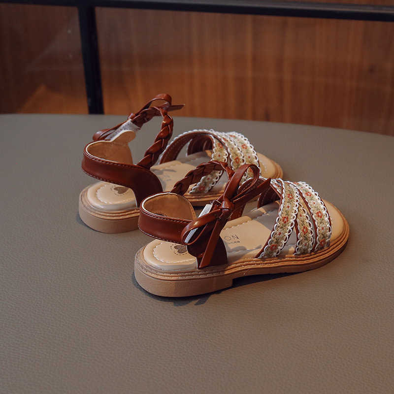 Sneakers Soft leather girls ethnic style sandals childrens open toed Roman shoes 2024 summer new womens baby shoes princess shoes H240805