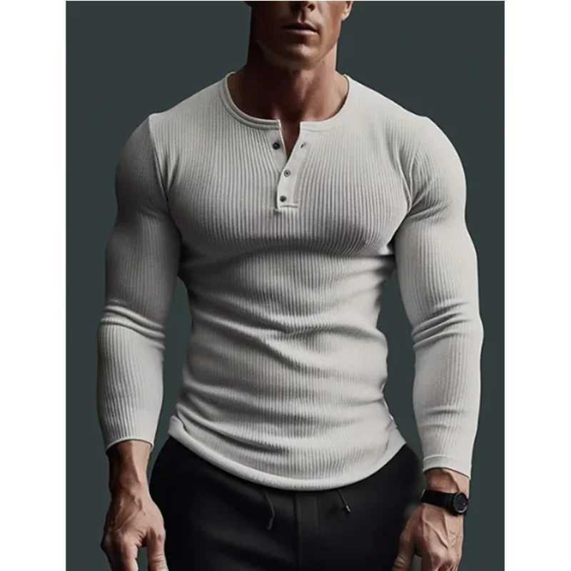 2024 New Long Sleeve polyester T-shirt Mens Breathable Thin Fabric Casual T-shirt Spring autum Henry-Neck Basic Tee Tops ManM240814