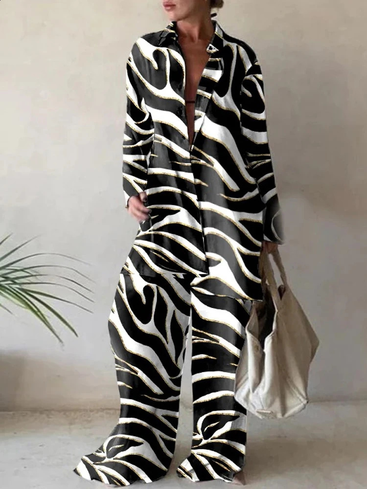 Casual Print Two Piece Suit Office Lady Suit Fashion Suit Women Loose Long Sleeve Shirt Straight Pant Sets Tracksuits 240813