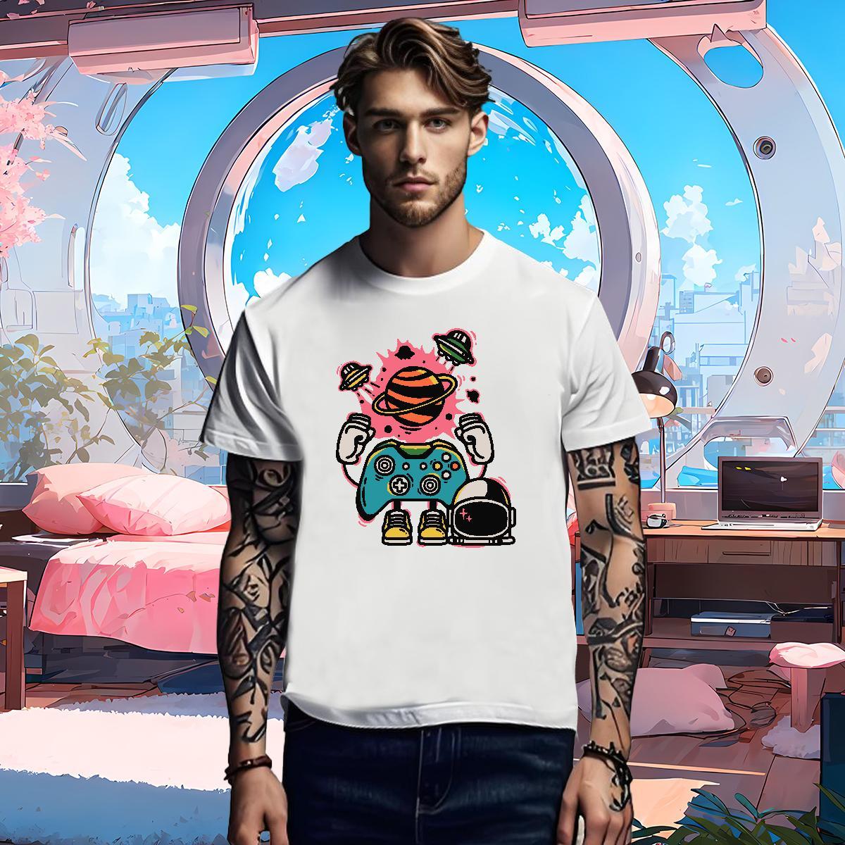 Men T Shirts 230g 100% Cotton cosmonaut Daily Wear Breathable Soft Cartoon Print Men Clothes T-Shirt 2024 Unisex Tees