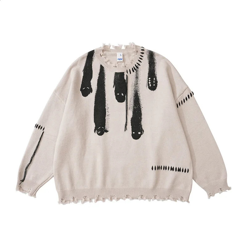 Hip Hop Y2K Streetwear Sweaters for Men Tassel Grunge Ripped Ghost Print Knitted Jumpers Harajuku Casual Pullovers Sweaters Men 240821