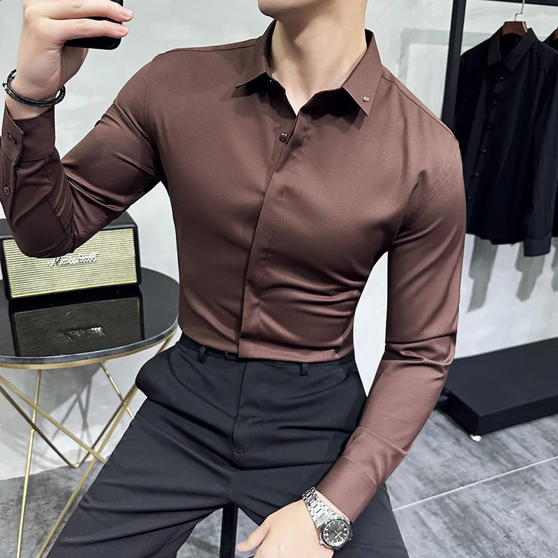 High Quality Solid Dress Shirt Men Simple Long Sleeve Slim Fit Business Shirts Homme Social Casual Shirt Plus Size 4XL-M 240816