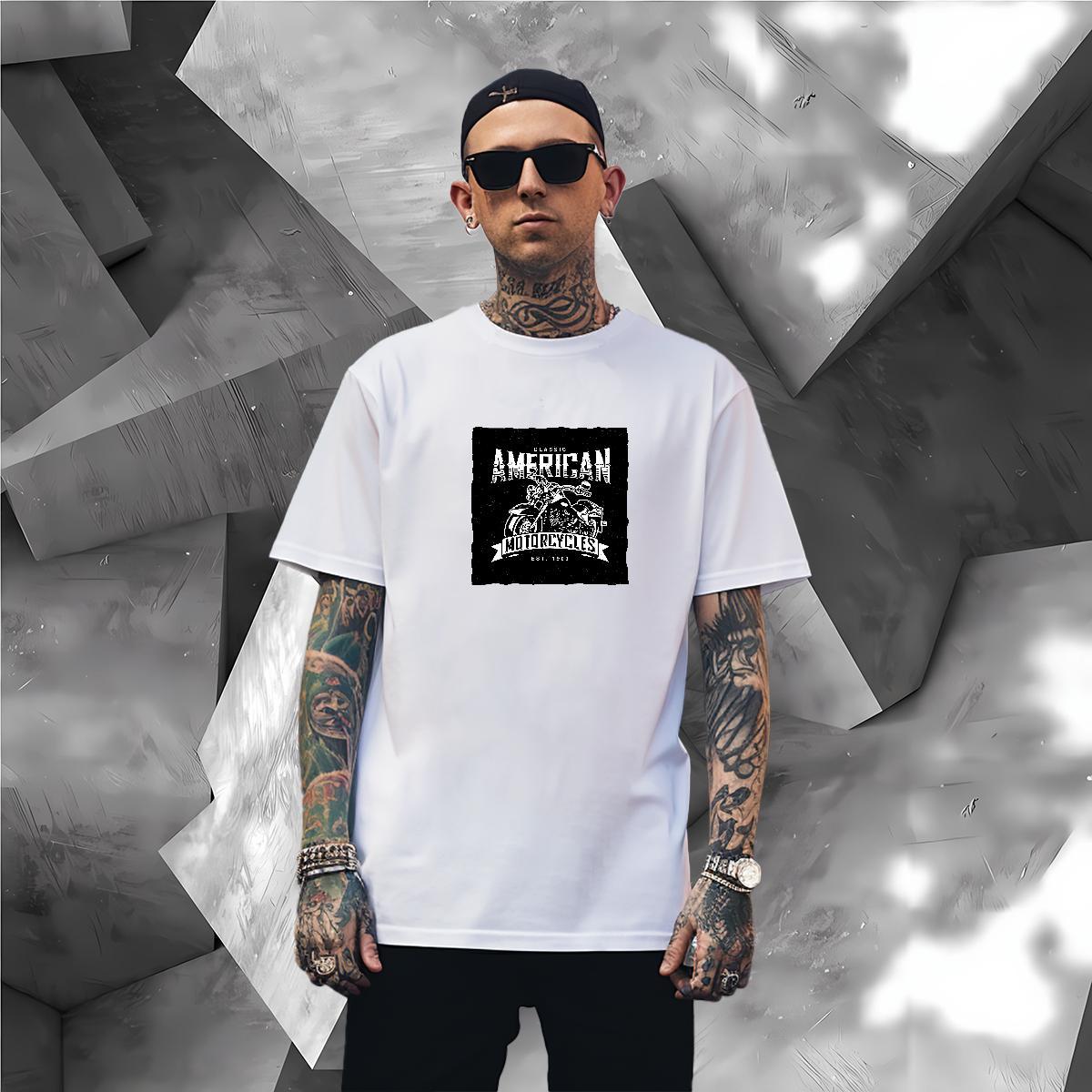Loose Fit Motorcycle T shirt Hip Hop Men Tees 230g Cotton 2024 Breathable Short Sleeve Floral Print Polos