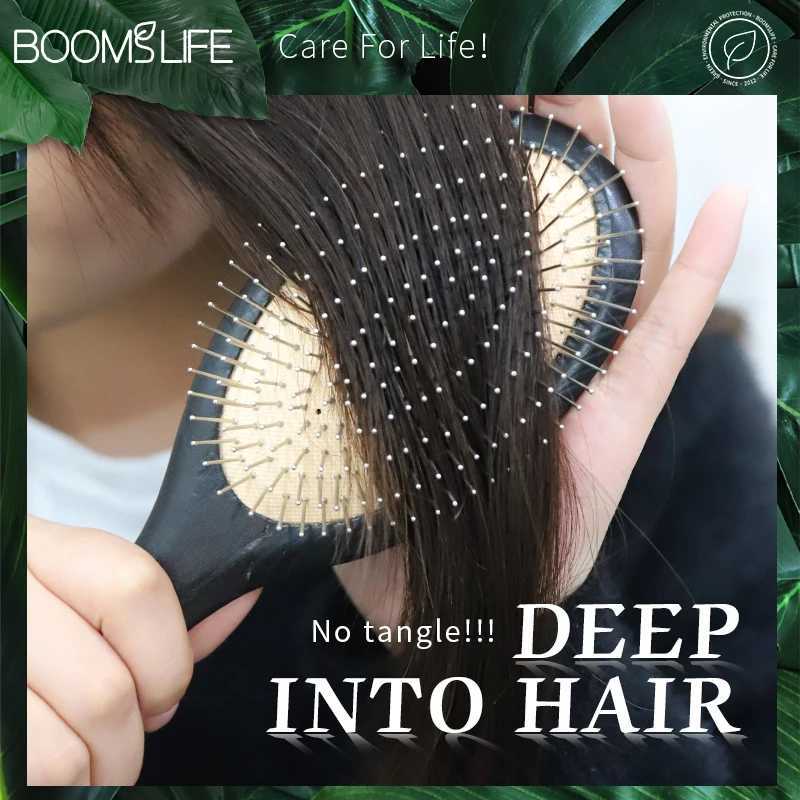 Steel hair brush womens scalp massage pad wooden hair brush metal stainless steel pin shaped comb used for curling hair and hair styling W240813