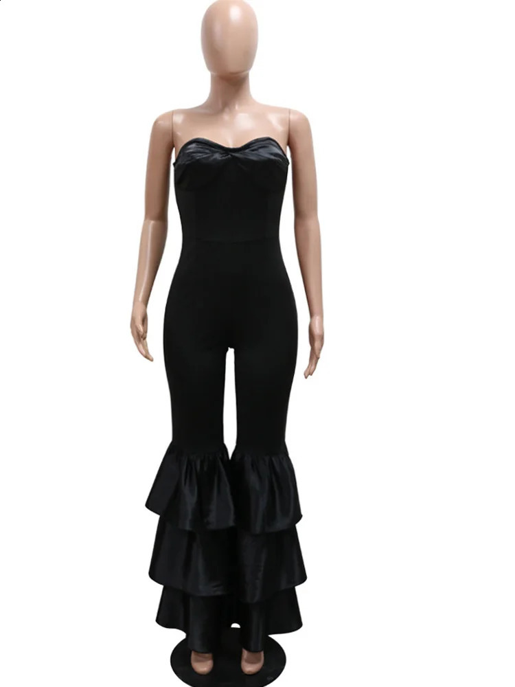 Beyprern Elegant Tiered Ruffle Strapless Jumpsuit For Women Off Shoulder Black Flared Leg Bandage Jumpsuits Clubwear Overalls 240813