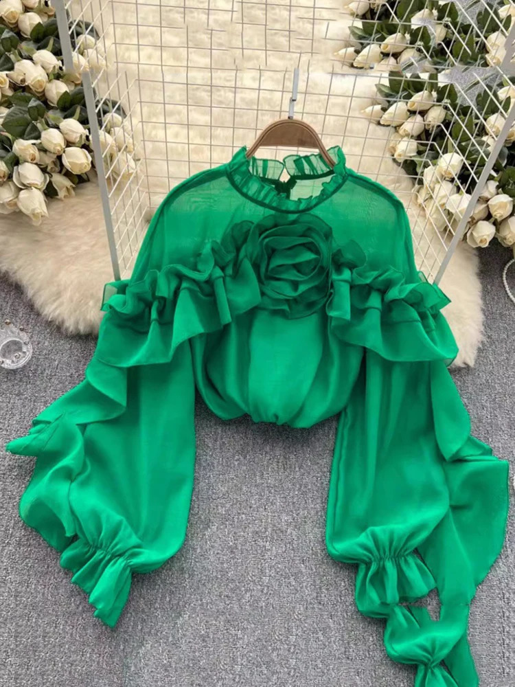 XFPV Womens Ruffle Irregular Mesh Fold Loose Korean Edition Shirt Stand up Collar Long Sleeve Spring/Summer 2024 SM10731 240814