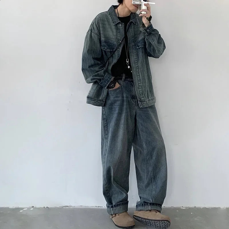 Hip Hop Denim Set Men Women Washed Distressed Striped Denim JacketsVintage Straight Loose Harlan Jeans High Street Cargo Suit 240813