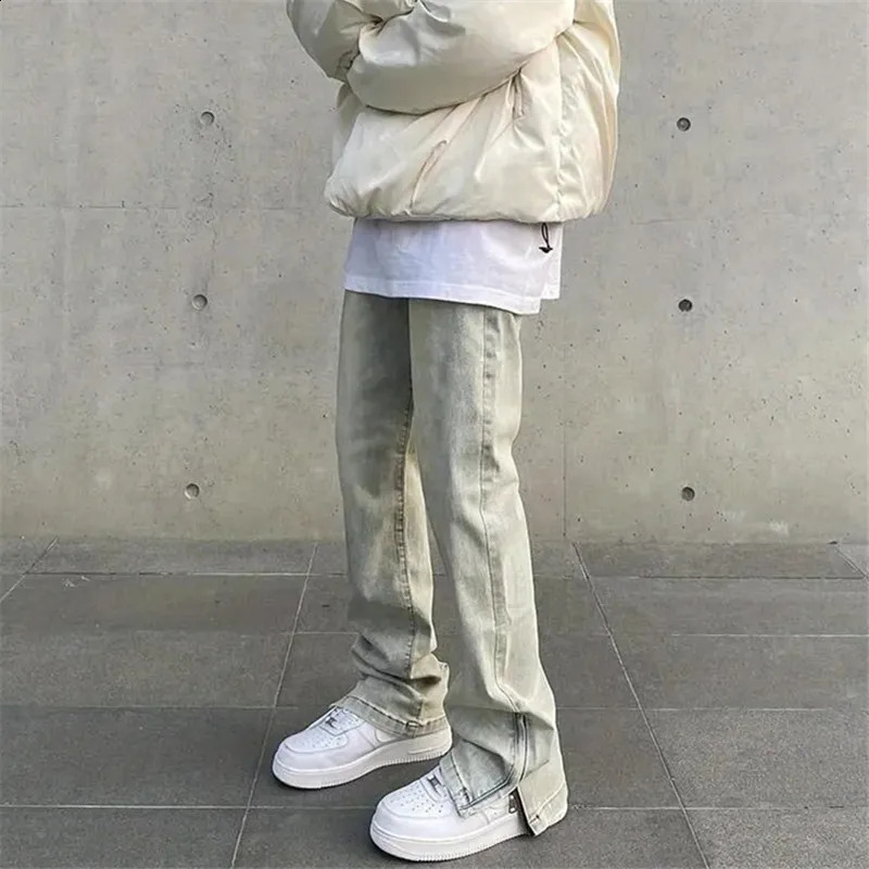 Jeans Mens Y2K Vintage Straight Leg Pants Solid Color Button Pocket Split Zipper Loose Trousers Spring Summer Male Clothing 035 240814