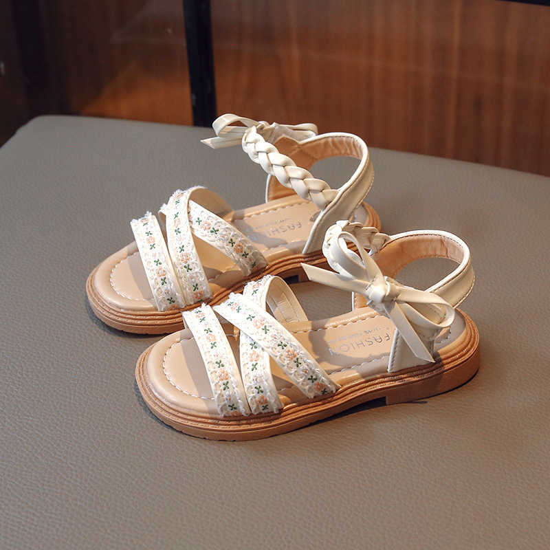 Sneakers Soft leather girls ethnic style sandals childrens open toed Roman shoes 2024 summer new womens baby shoes princess shoes H240805