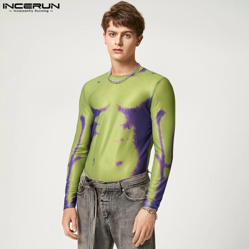 INCERUN Fashion Men T Shirt Printing O-neck Long Sleeve Mesh Transparent Streetwear Casual Camisetas Sexy Men Undershirt 240814