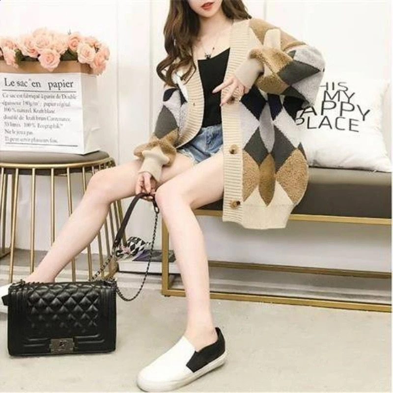Slouchy Style Sweater Womens Cardigan Loose Autumn and Winter Korean Outerwear Knitted Jacket Medium Length 240712