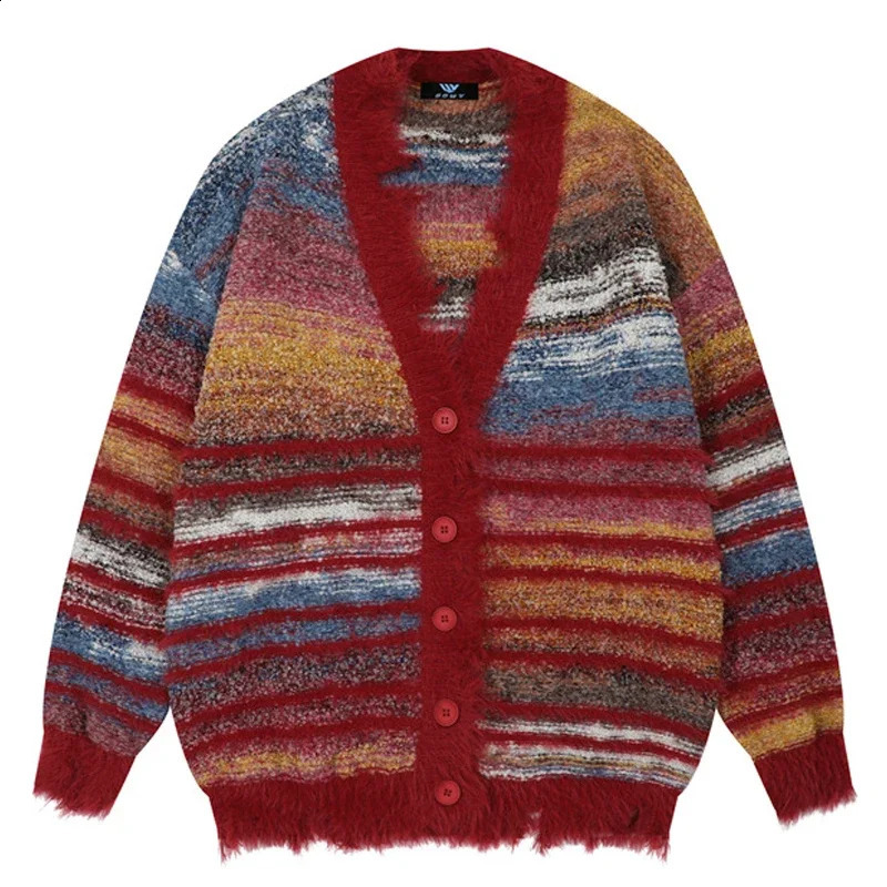 Winter Irregular Knitted Sweaters Man Loose Stripe Cardigan Color Block Oversized Sweater Woman Y2K Harajuku Knit Coats Tops 240821