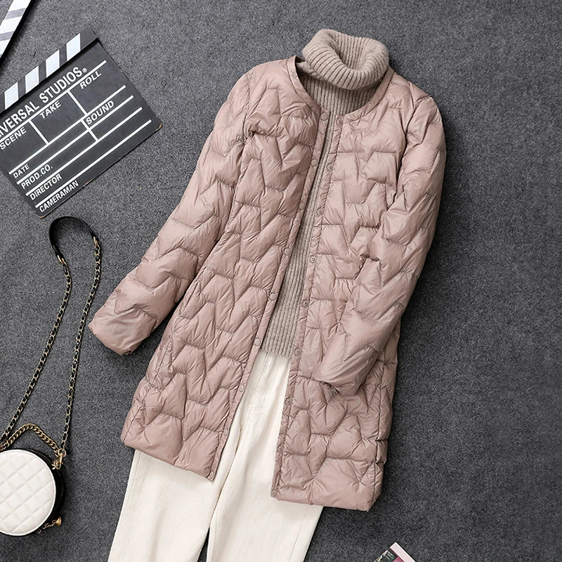2024 Winter Women Down Coat Ultralight Collarless Duck Down Jacket Portable Female Padded Parkas O-Neck Long Puffer Overcoat 240813