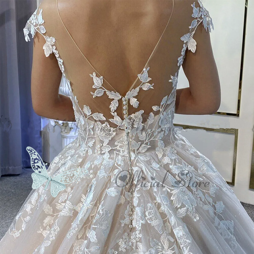 Glamorous Tulle Wedding Gown For Bride Ball Gown Lace Appliques Scoop Neck Robe De Mariee Made To Order