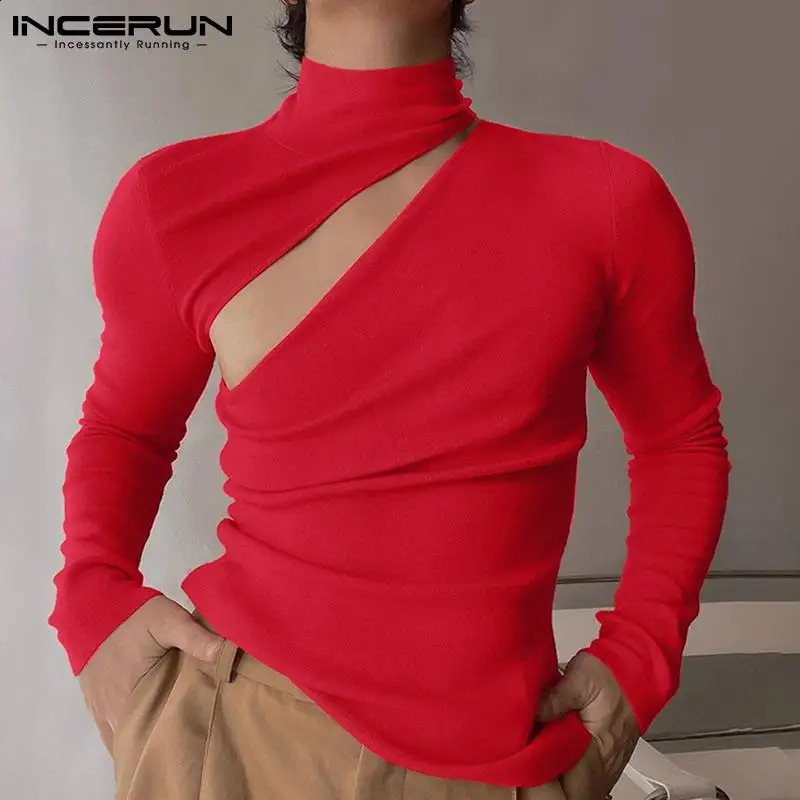 INCERUN Fashion Men T Shirt Turtleneck Solid Color Long Sleeve Hollow Out Casual Men Clothing Streetwear Sexy Camisetas S-5XL 240814