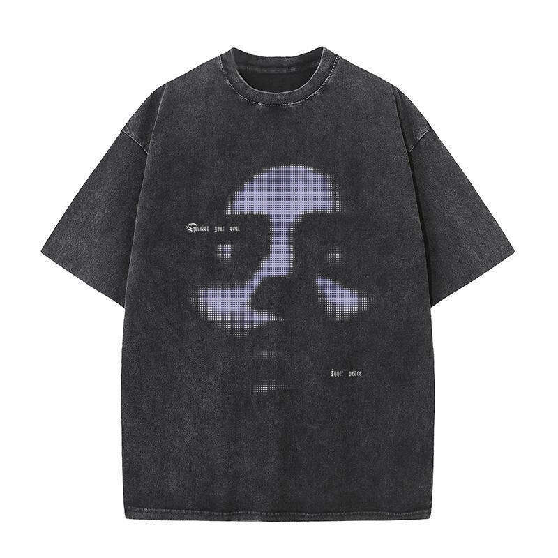 Abstract Artistic Horror Face Printed T-shirts Women Men Oversized Casual High Quality Washed Cotton T Shirts Summer Tees Tops ees ops