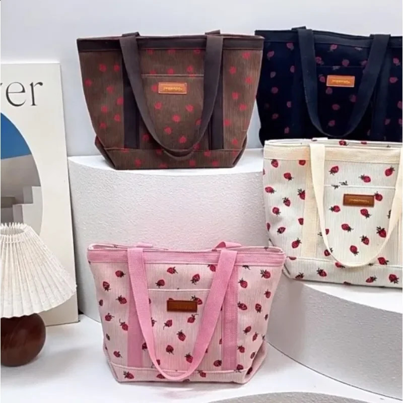 Classic Fresh Corduroy Shoulder Bag Cute Strawberry Printing Student Handbag Literature Large Exquisite 240813