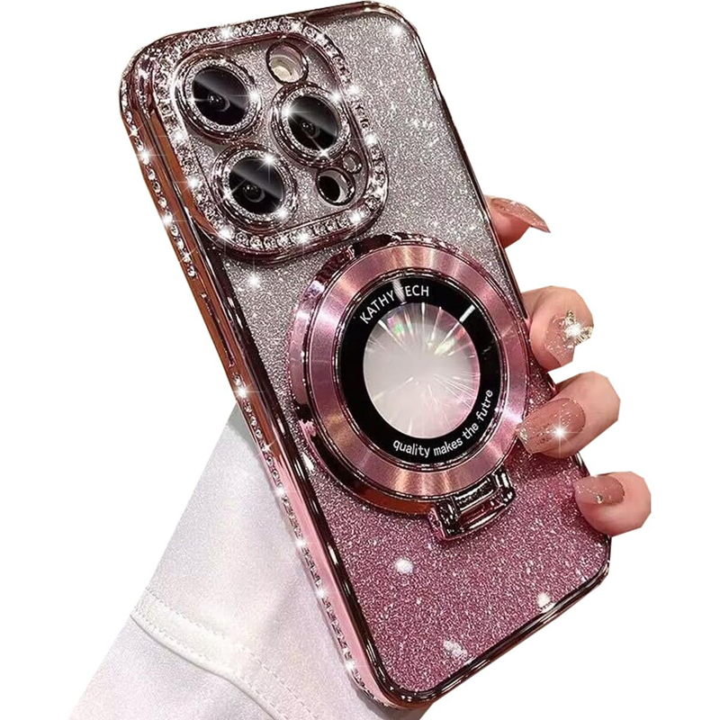 Luxury Diamond Bling Glitter Fold Ring Stand Magnetic For Magsafe Cases Shockproof Cover With Camera Lens Film Protector for iPhone 16 15 14 13 12 11 