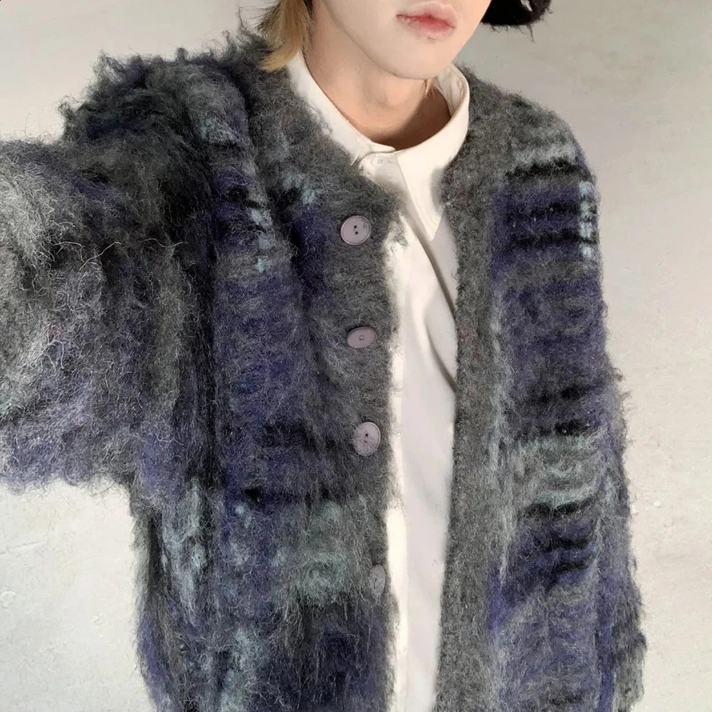 Men Y2k Contrasting Color Cardigan Casual Knitted Sweater Autumn Winter Genderless Fashion Youth Personality Loose Jacket Unisex 240821