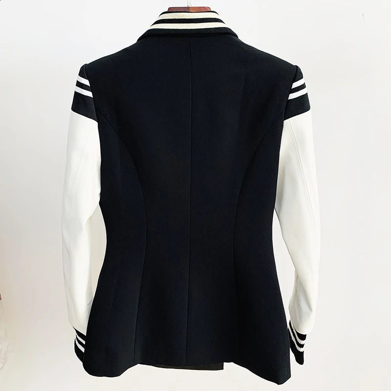 HIGH STREET Fashion 2024 Classic Varsity Jacket Womens Lion Buttons Double Breasted Leather Sleeve Patchwork Blazer 240813