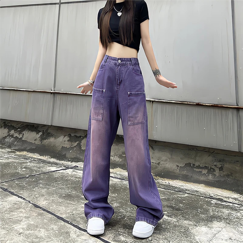 Womens Purple Baggy Jeans Boyfriend Style High Waist Gradient Color Washed Y2k Cargo Pants Mopping Straight Denim Trousers 240813