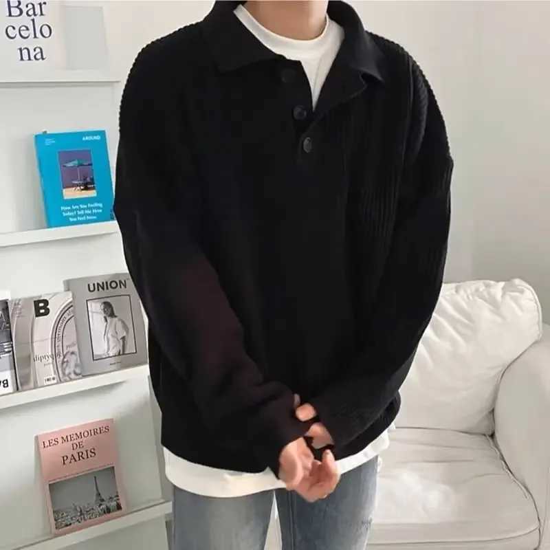 Korean Street Polo Neck Sweater Mens Warm Fashionable Casual Knitted Pullover Harajuku Casual Loose Zipper Long Sleeve SweaterW240729