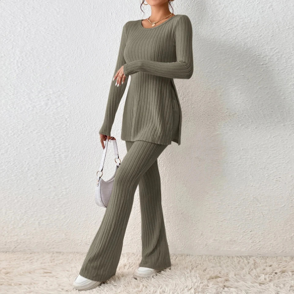 Spring Women Knit Two Piece Sets Solid Color Sexy Slit Casual Slim Suit Long Sleeve Oneck TopsPants Set Fashion Streetwear 240712