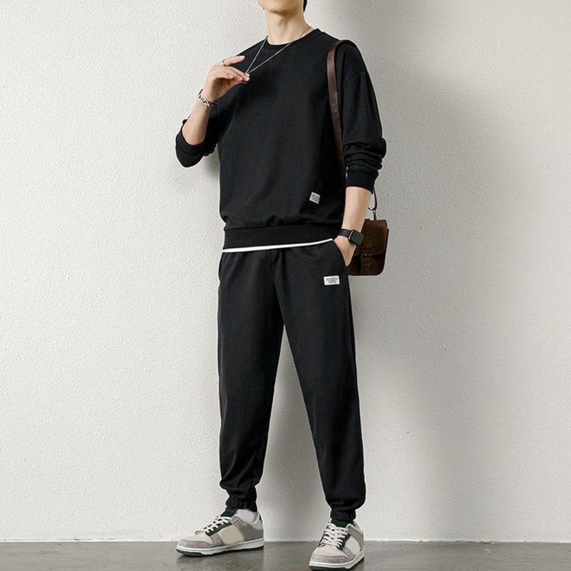 Men Casual Two-piece Set Mens Waffle Texture O-neck Long Sleeve Top Elastic Waist Sweatpants Set Solid Color Casual for Spring 240813