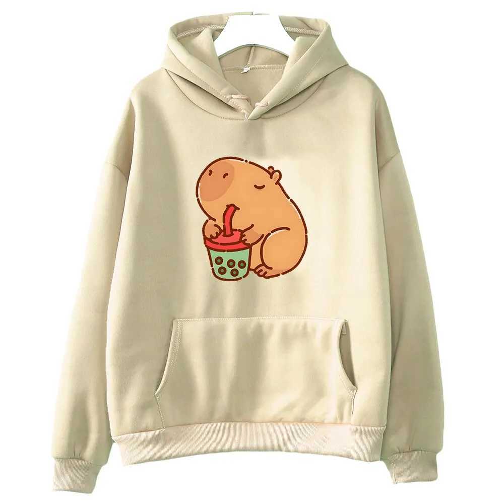 Capybara Drink Bubble Tea Hoodie Kawaii Animal Cartoon Graphic Sweatshirt Kids Clothes Girl Long Sleeve Hooded Boys Top HarajukuY240814