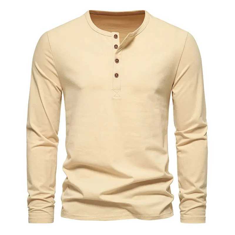 Autumn Mens Long Sleeve T Shirt Fashion Henry Collar Tops Tees Men Solid Color Casual Streetwear High Quality Tshirt For ManM240814