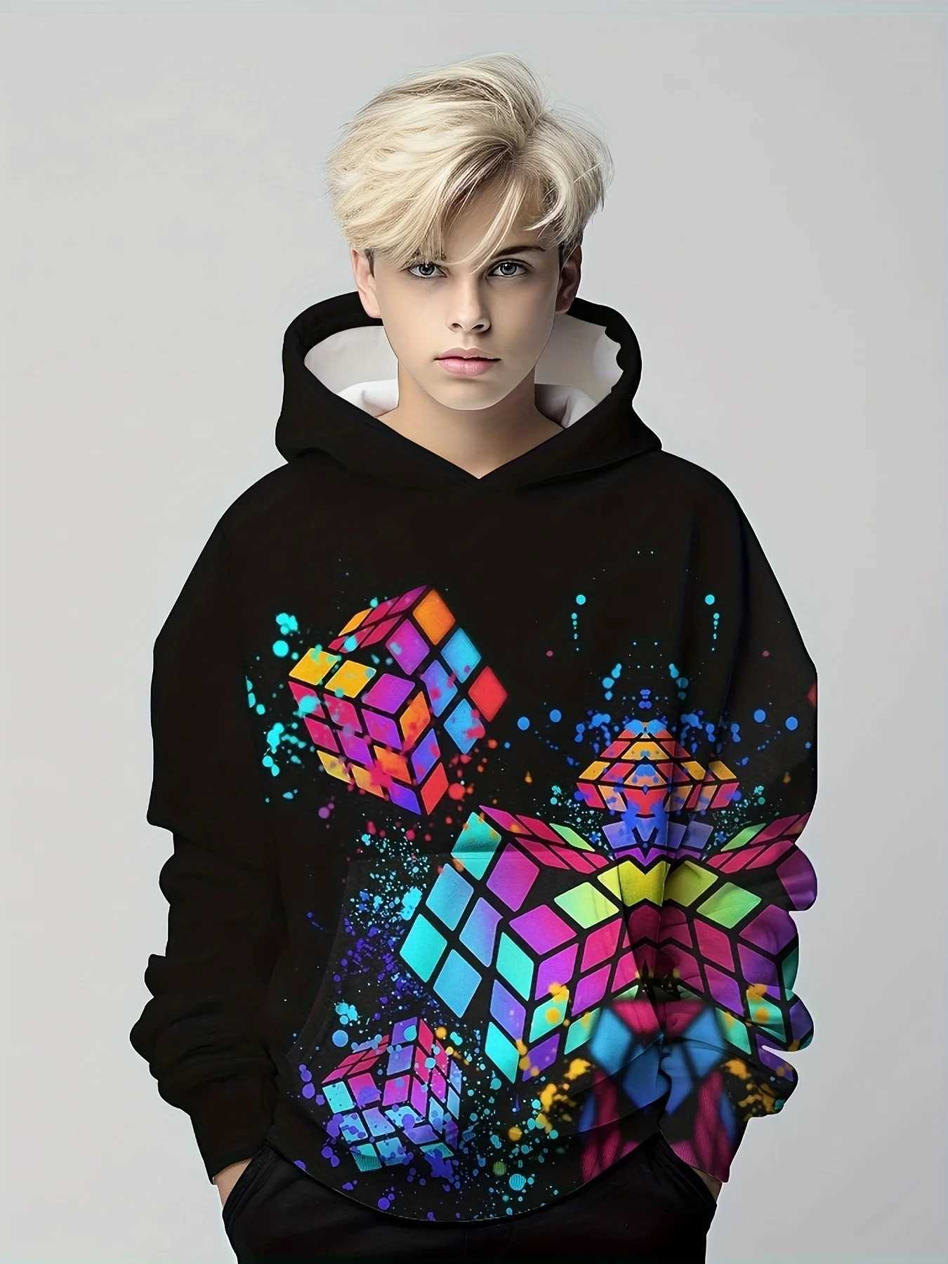 Colorful Jigsaw Cube Rubiks Cube 3d Print Boys Casual Pullover Long Sleeve Hoodies Boys Sweatshirt Spring Fall Kids Hoodie TopsY240814