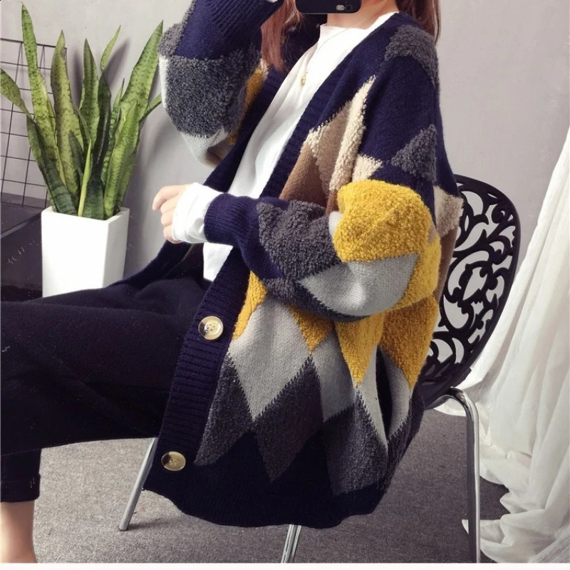Slouchy Style Sweater Womens Cardigan Loose Autumn and Winter Korean Outerwear Knitted Jacket Medium Length 240712