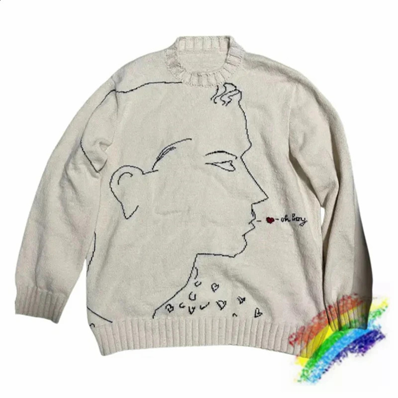 fw RAF SIMONS Outline Line Beige Figure Round Neck Sweater For Men Women Quality Knit Casual Sweatshirts 240813