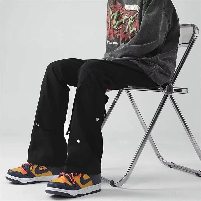 Spring Autumn Vintage Harajuku Solid Pants Men Loose Fashion Trousers Y2K Pockets Patchwork Ropa Hombre All Match Male Clothes 240814