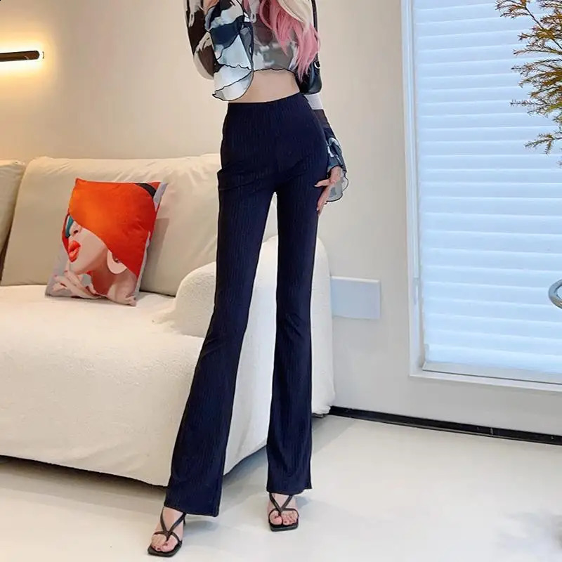 Summer Womens 2024 Patchwork High-waisted Screw Thread Fashion Solid Color Minimalist Comfortable Slim Casual Flare Pants 240813
