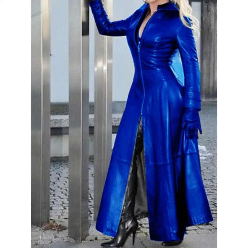 Womens Slim-Fit Zipper Split Large Coat Autumn Winter Faux Leather Trench Coat Womens Long Sleeve Stand Collar PU Trench Coat 240813